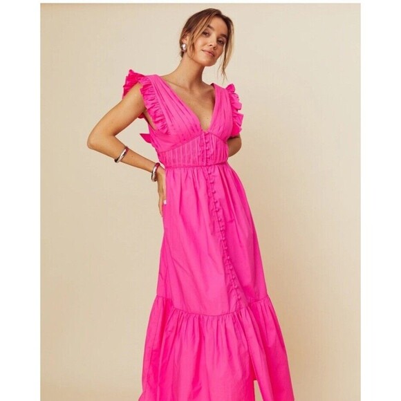 Reverie Pink Ruffle Sleeve Cotton Tiered Bow Tie Back Midi Dress Size S - Picture 1 of 11